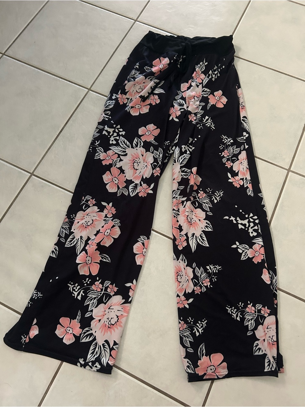 AMiERY- Black Floral Wide-Leg Pants with Pink Blooms